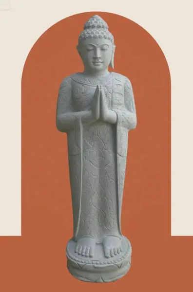 Product image 1 of the product “Standing Buddha with floral carving, Greeting position. 40 x 28 x 122m. Natural stone (river stone), stonemasonry ”